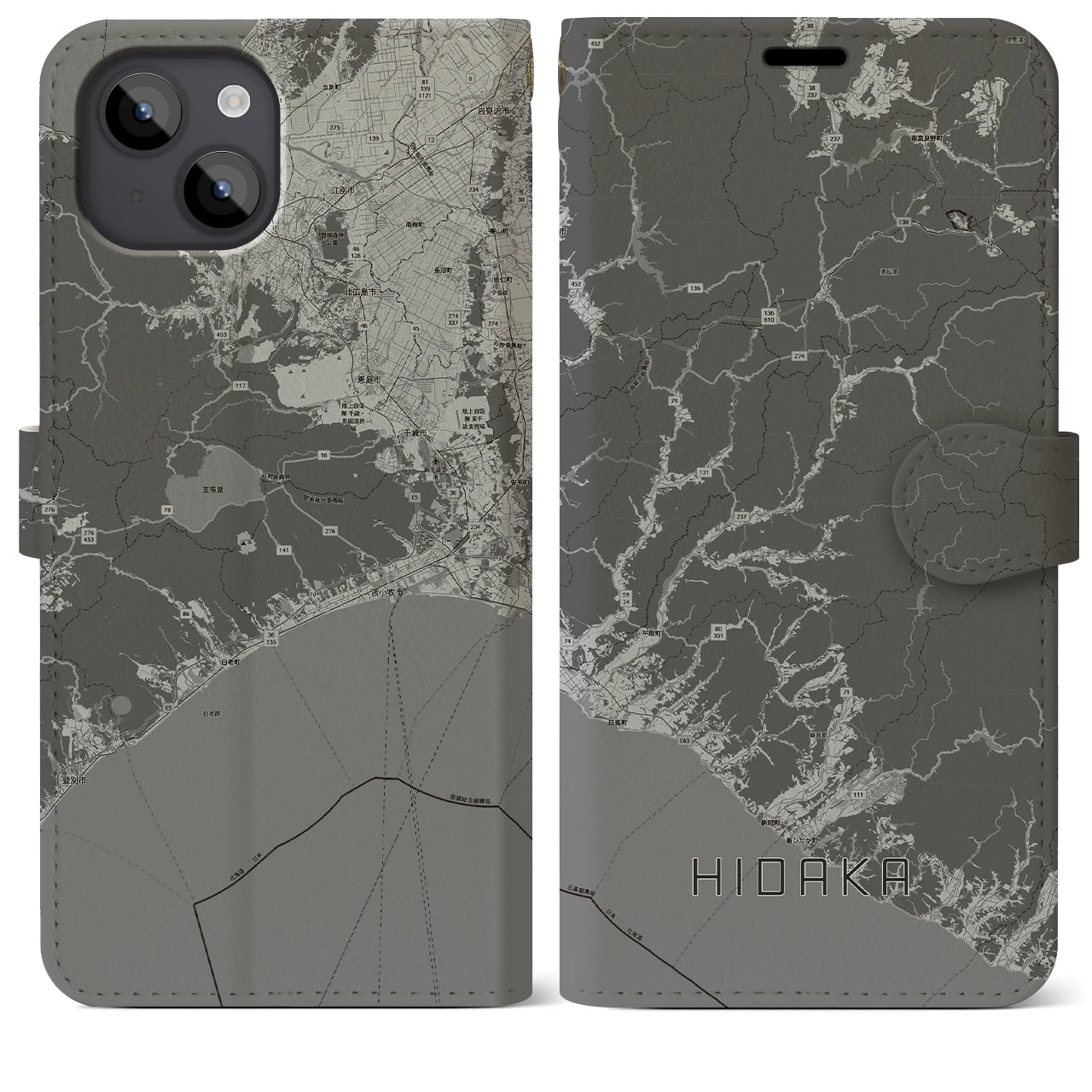 【日高(北海道)】地図柄iPhoneケース(手帳タイプ)モノトーン・iPhone 14 Plus 用