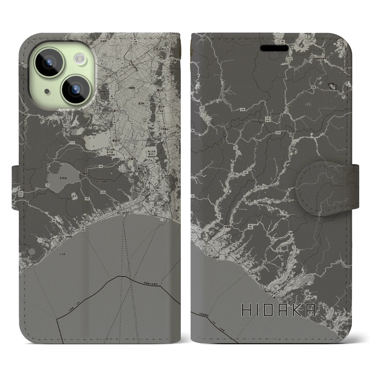 【日高(北海道)】地図柄iPhoneケース(手帳タイプ)モノトーン・iPhone 15 用