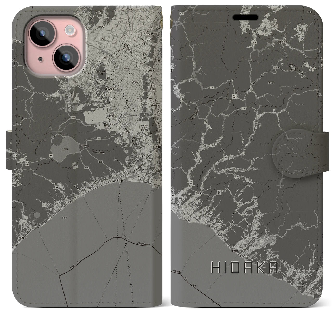 【日高(北海道)】地図柄iPhoneケース(手帳タイプ)モノトーン・iPhone 15 Plus 用