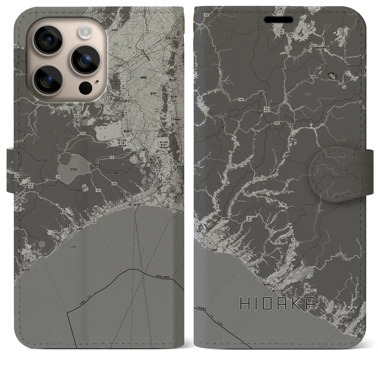 【日高(北海道)】地図柄iPhoneケース(手帳タイプ)モノトーン・iPhone 16 Plus 用