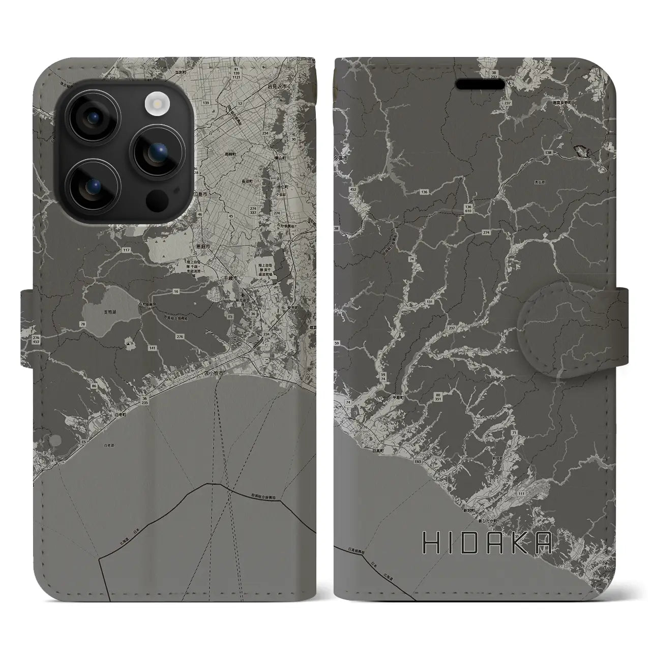 【日高(北海道)】地図柄iPhoneケース(手帳タイプ)モノトーン・iPhone 16 用