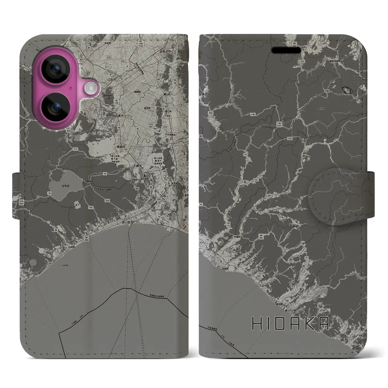 【日高(北海道)】地図柄iPhoneケース(手帳タイプ)モノトーン・iPhone 16 Pro 用