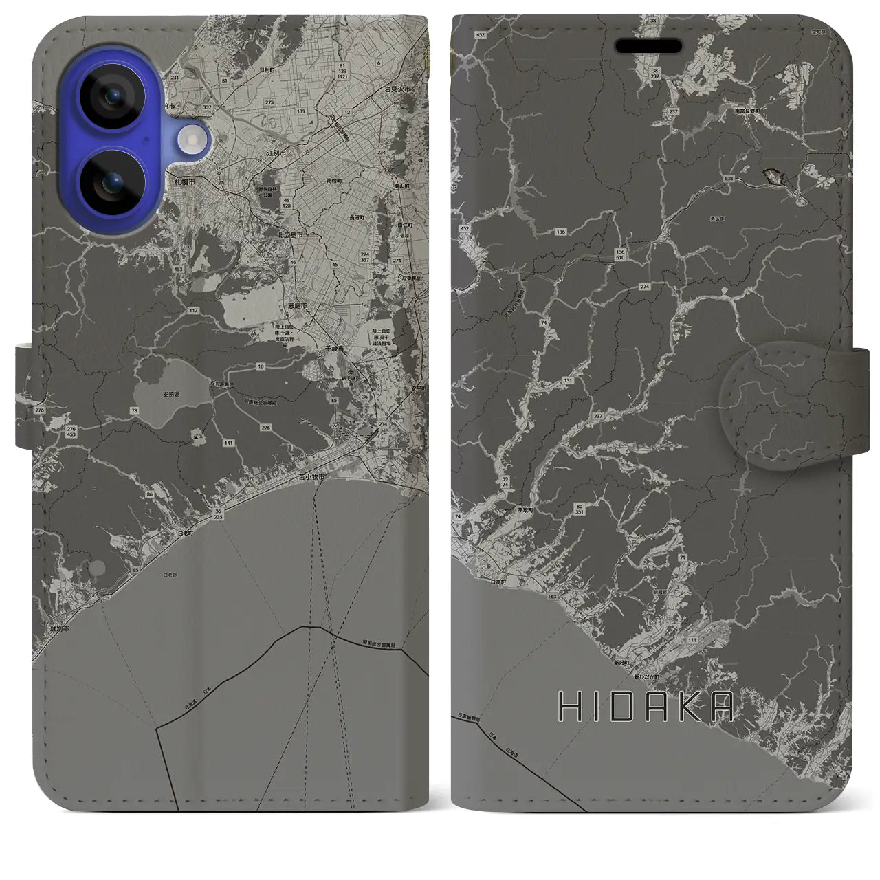 【日高(北海道)】地図柄iPhoneケース(手帳タイプ)モノトーン・iPhone 16 Pro Max 用