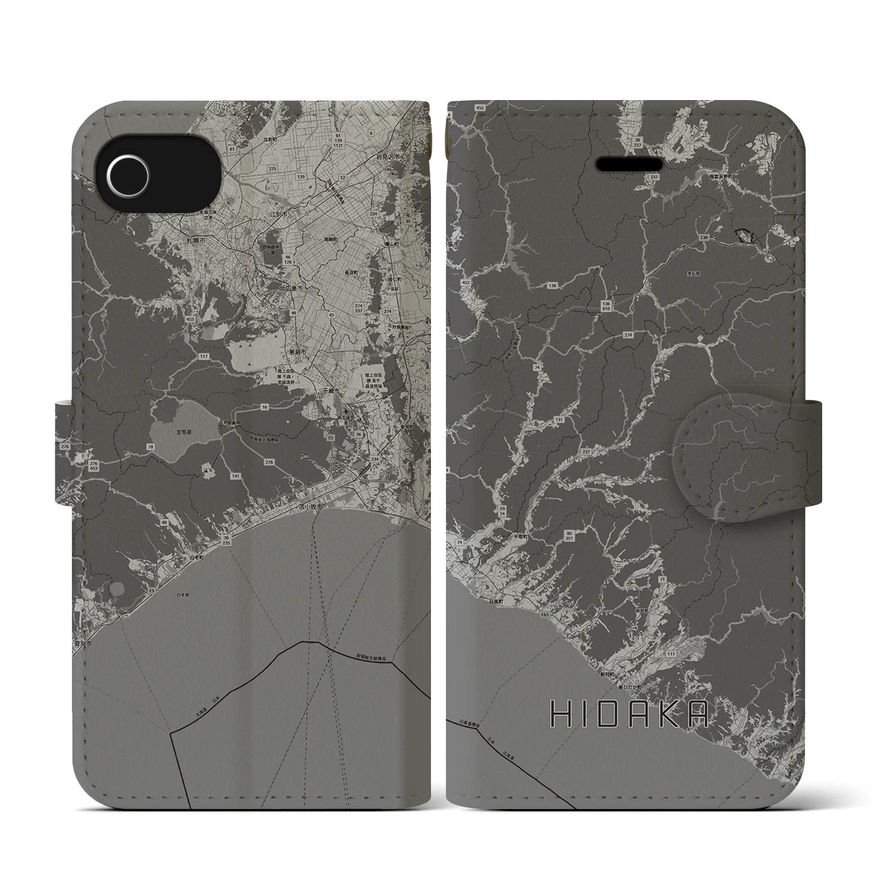 【日高(北海道)】地図柄iPhoneケース(手帳タイプ)モノトーン・iPhone SE(第3 / 第2世代) / 8 / 7 / 6s / 6 用