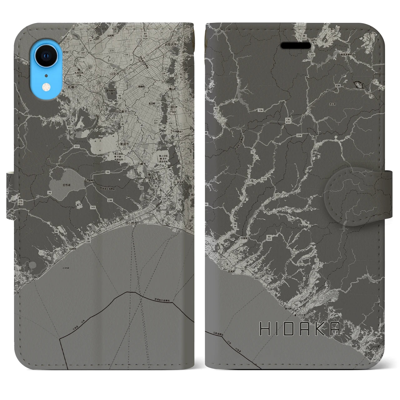 【日高(北海道)】地図柄iPhoneケース(手帳タイプ)モノトーン・iPhone XR 用