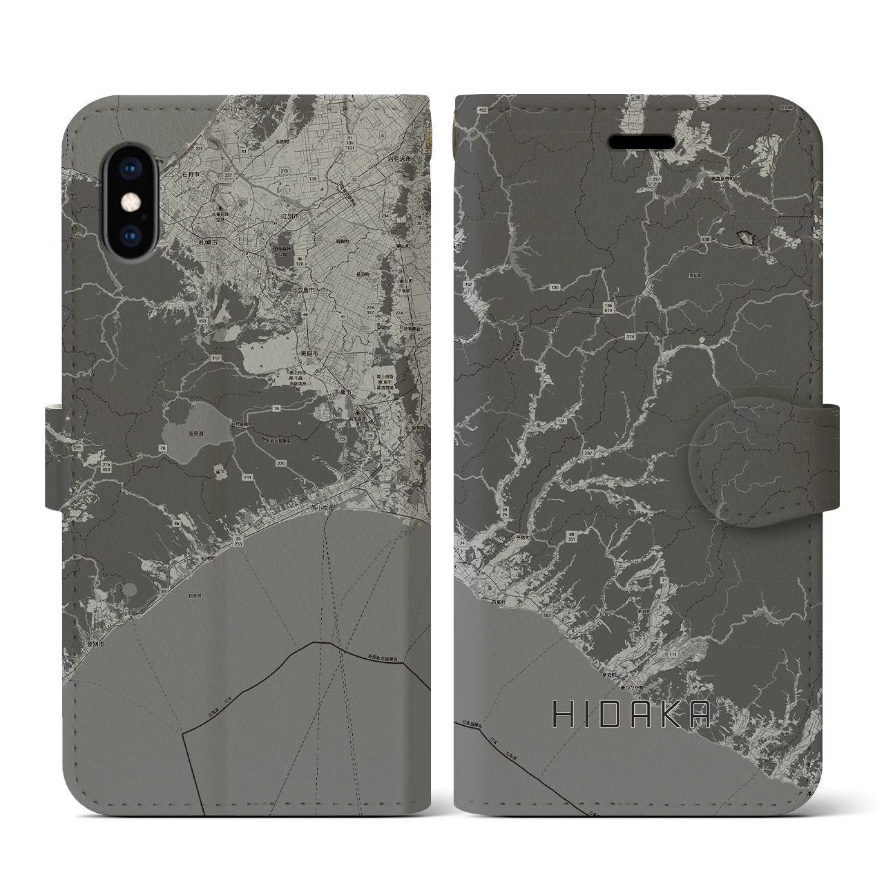 【日高(北海道)】地図柄iPhoneケース(手帳タイプ)モノトーン・iPhone XS / X 用