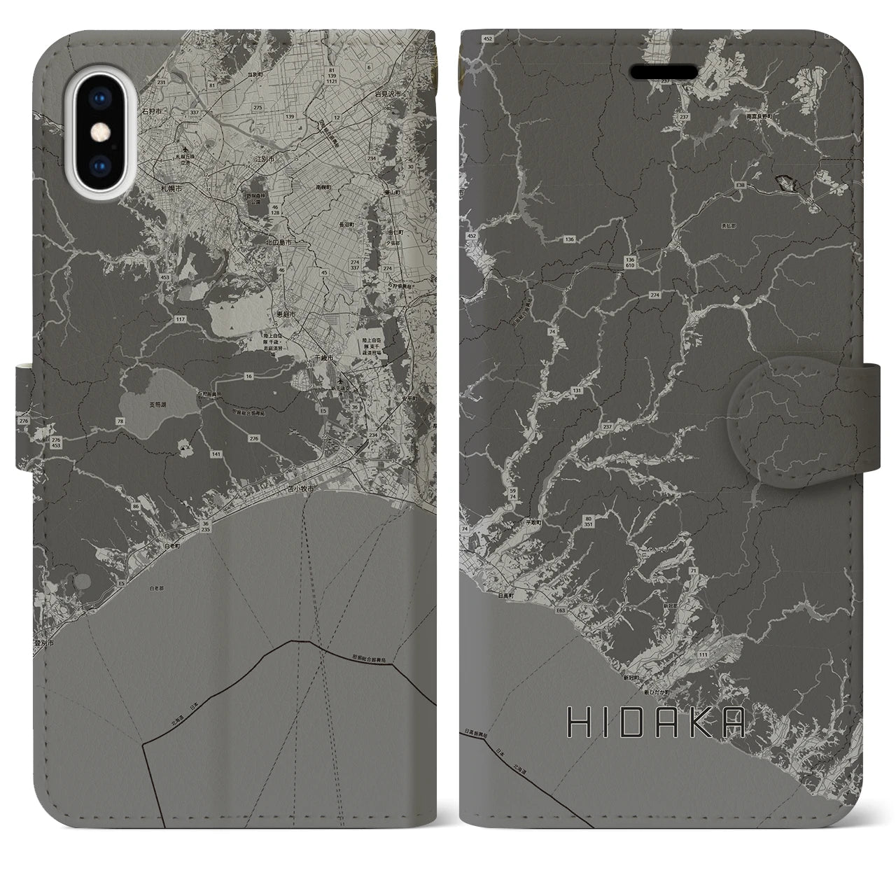 【日高(北海道)】地図柄iPhoneケース(手帳タイプ)モノトーン・iPhone XS Max 用