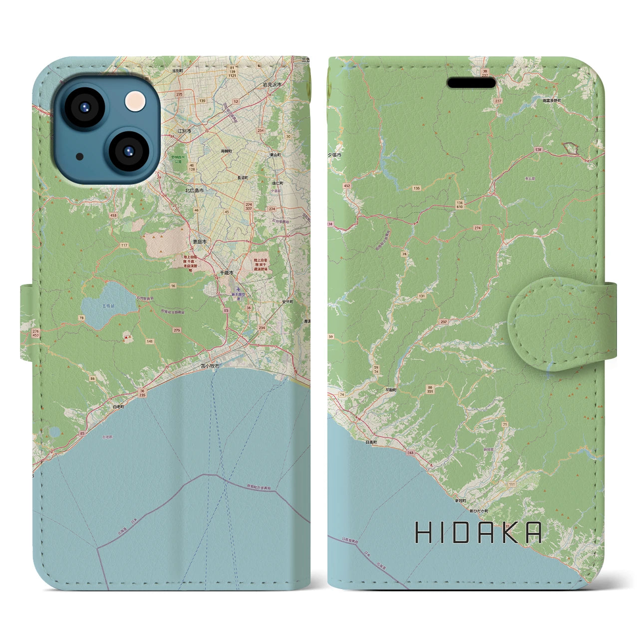 【日高(北海道)】地図柄iPhoneケース(手帳タイプ)ナチュラル・iPhone 13 用