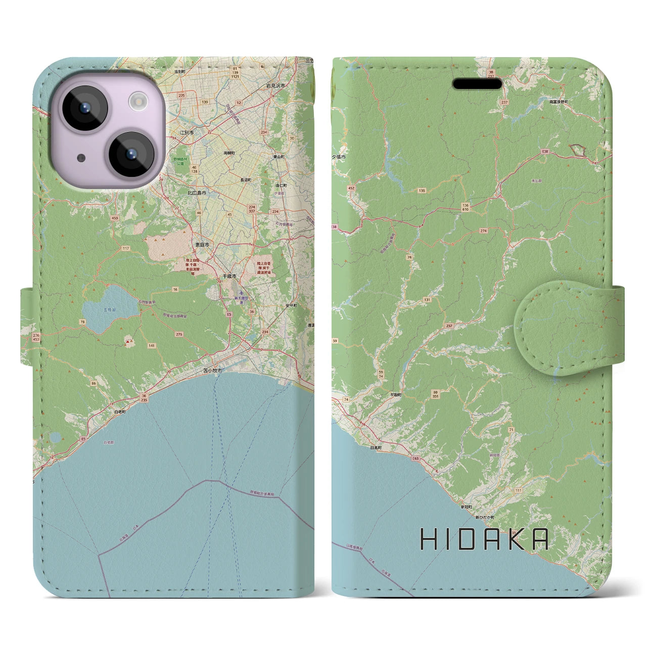 【日高(北海道)】地図柄iPhoneケース(手帳タイプ)ナチュラル・iPhone 14 用