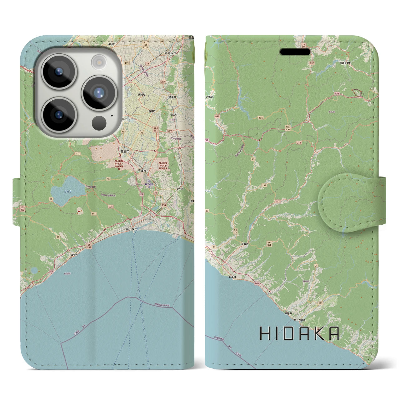 【日高(北海道)】地図柄iPhoneケース(手帳タイプ)ナチュラル・iPhone 15 Pro 用