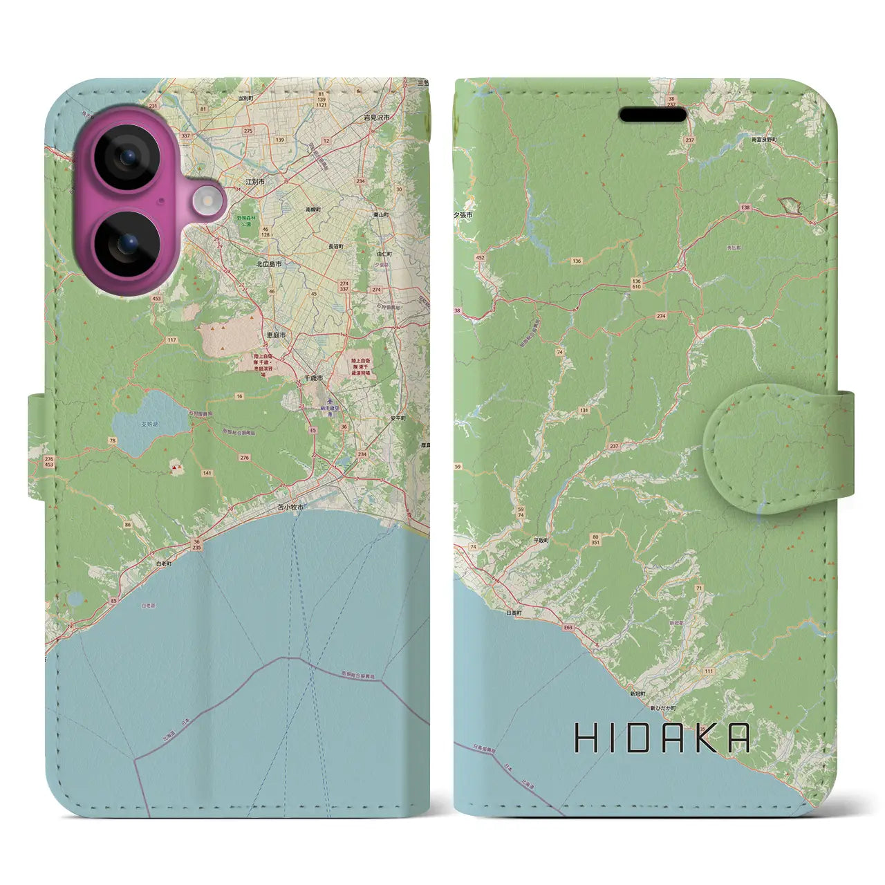 【日高(北海道)】地図柄iPhoneケース(手帳タイプ)ナチュラル・iPhone 16 Pro 用