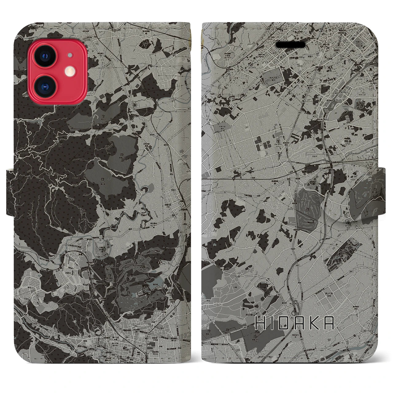 【日高(埼玉県)】地図柄iPhoneケース(手帳タイプ)モノトーン・iPhone 11 用