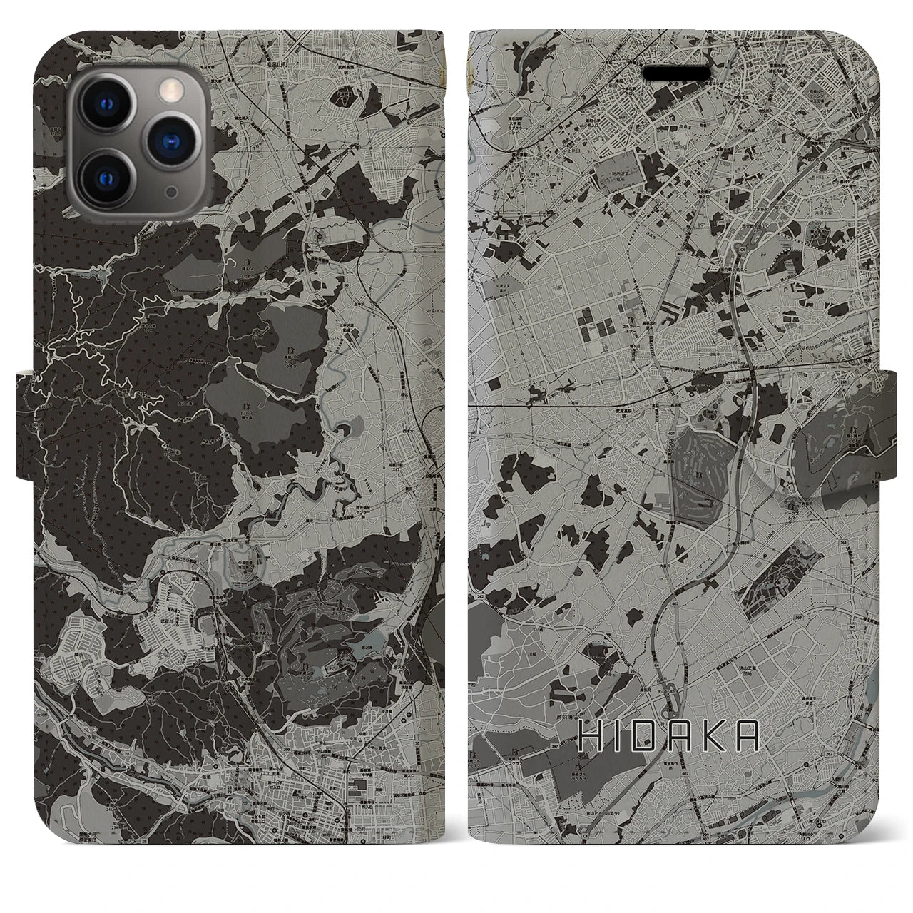 【日高(埼玉県)】地図柄iPhoneケース(手帳タイプ)モノトーン・iPhone 11 Pro Max 用