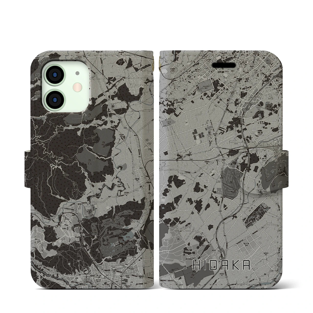 【日高(埼玉県)】地図柄iPhoneケース(手帳タイプ)モノトーン・iPhone 12 mini 用