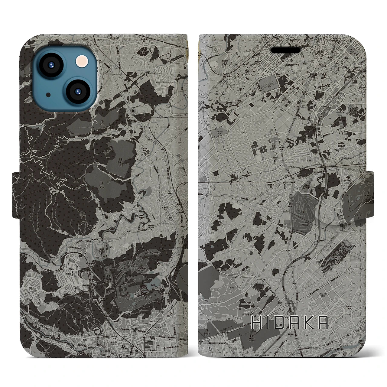 【日高(埼玉県)】地図柄iPhoneケース(手帳タイプ)モノトーン・iPhone 13 用