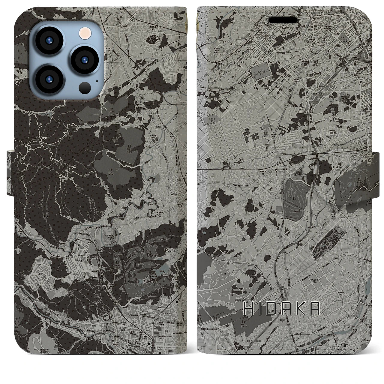【日高(埼玉県)】地図柄iPhoneケース(手帳タイプ)モノトーン・iPhone 13 Pro Max 用