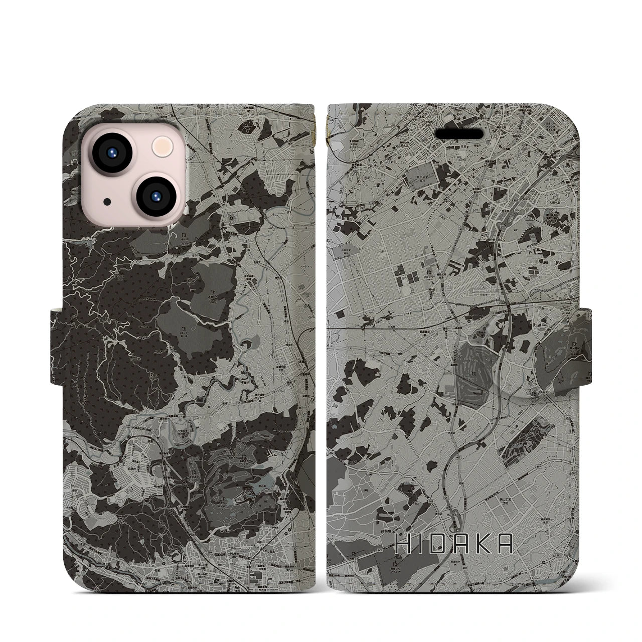 【日高(埼玉県)】地図柄iPhoneケース(手帳タイプ)モノトーン・iPhone 13 mini 用