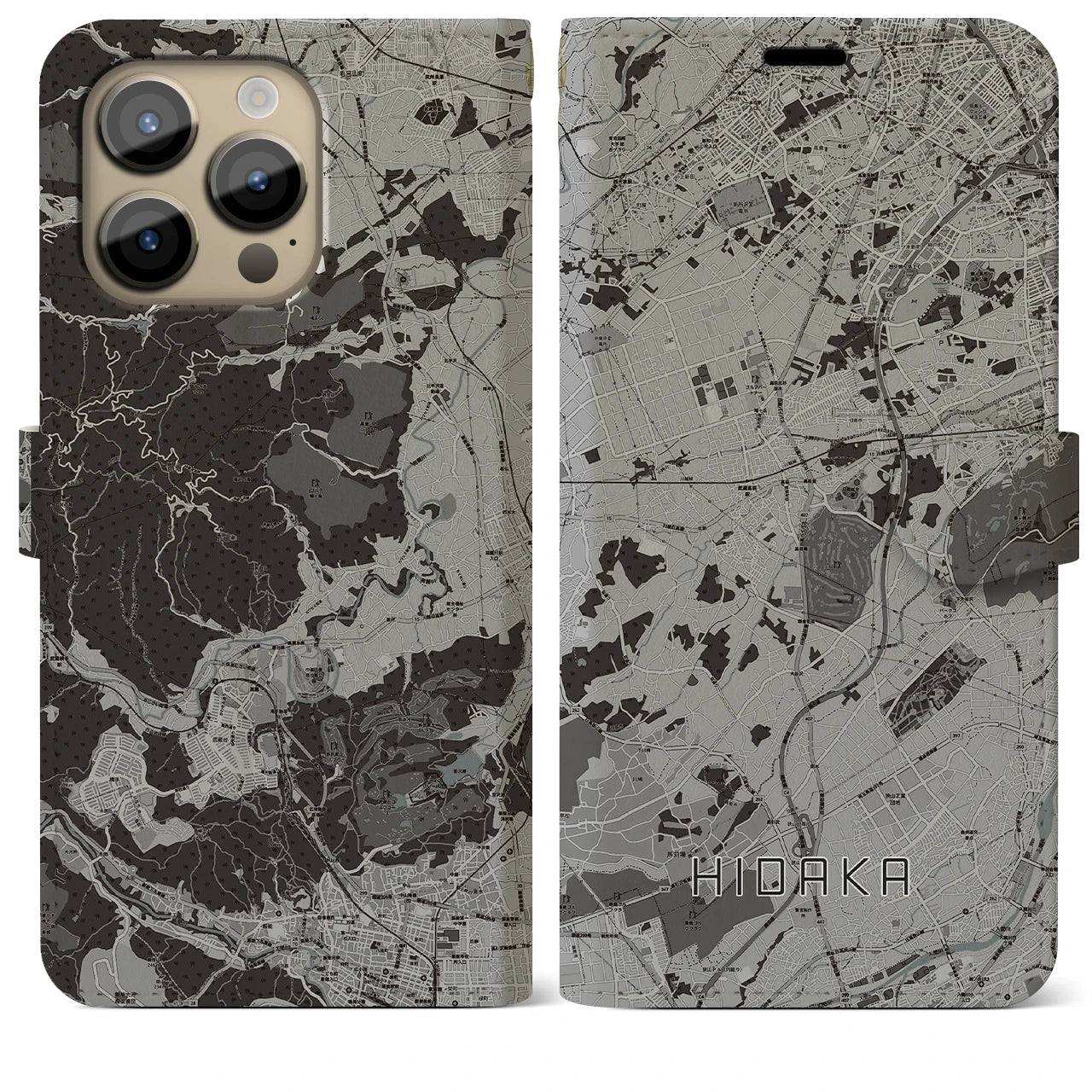 【日高(埼玉県)】地図柄iPhoneケース(手帳タイプ)モノトーン・iPhone 14 Pro Max 用