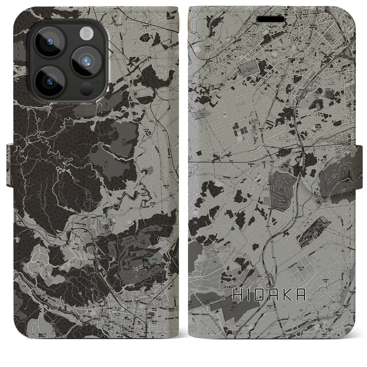 【日高(埼玉県)】地図柄iPhoneケース(手帳タイプ)モノトーン・iPhone 15 Pro Max 用