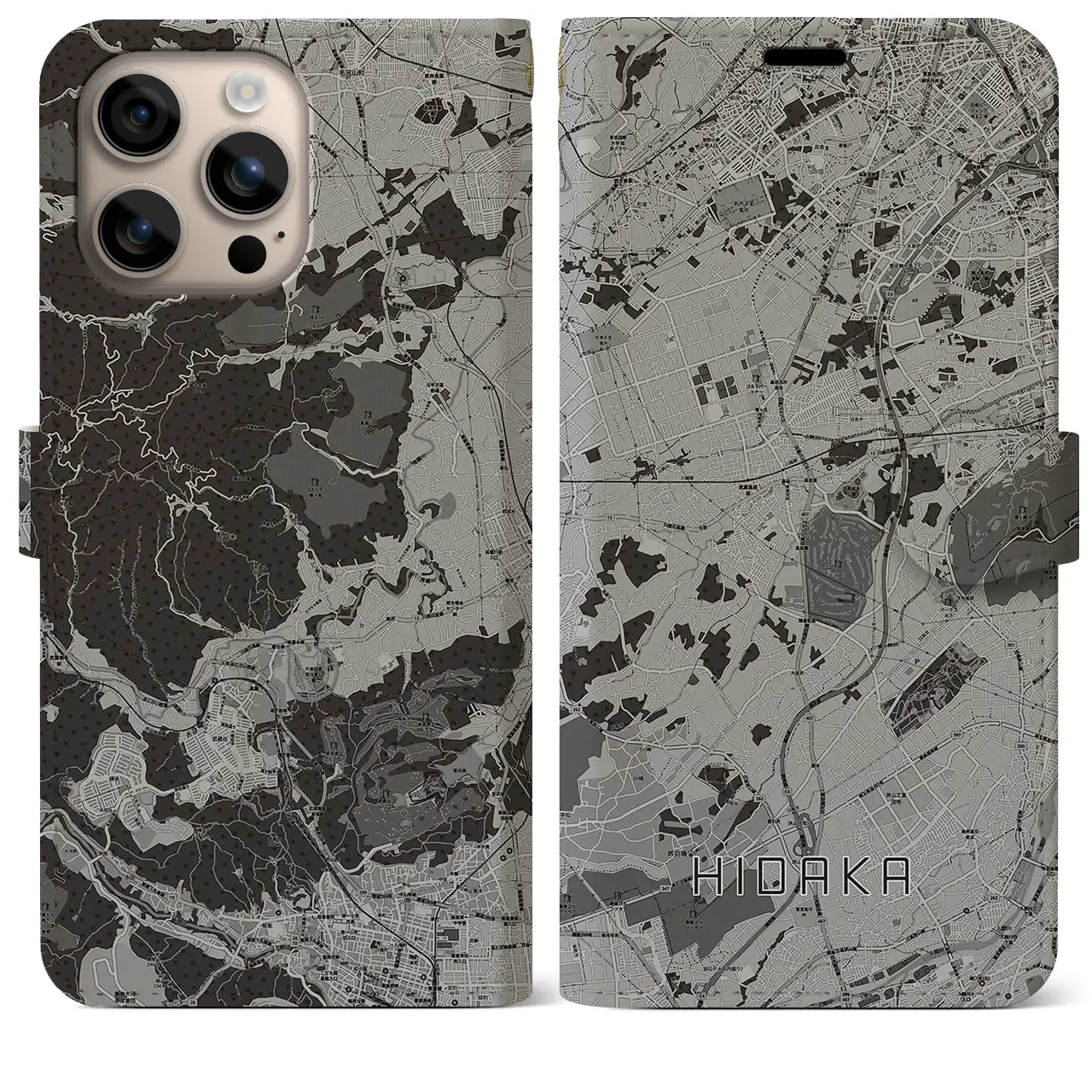 【日高(埼玉県)】地図柄iPhoneケース(手帳タイプ)モノトーン・iPhone 16 Plus 用