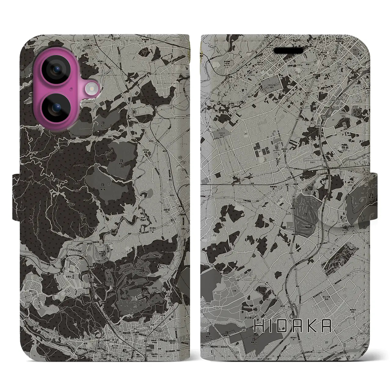 【日高(埼玉県)】地図柄iPhoneケース(手帳タイプ)モノトーン・iPhone 16 Pro 用