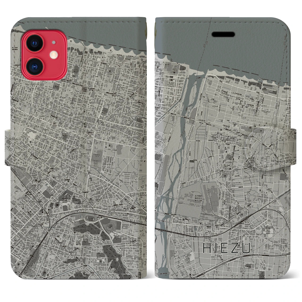 【日吉津(鳥取県)】地図柄iPhoneケース(手帳タイプ)モノトーン・iPhone 11 用