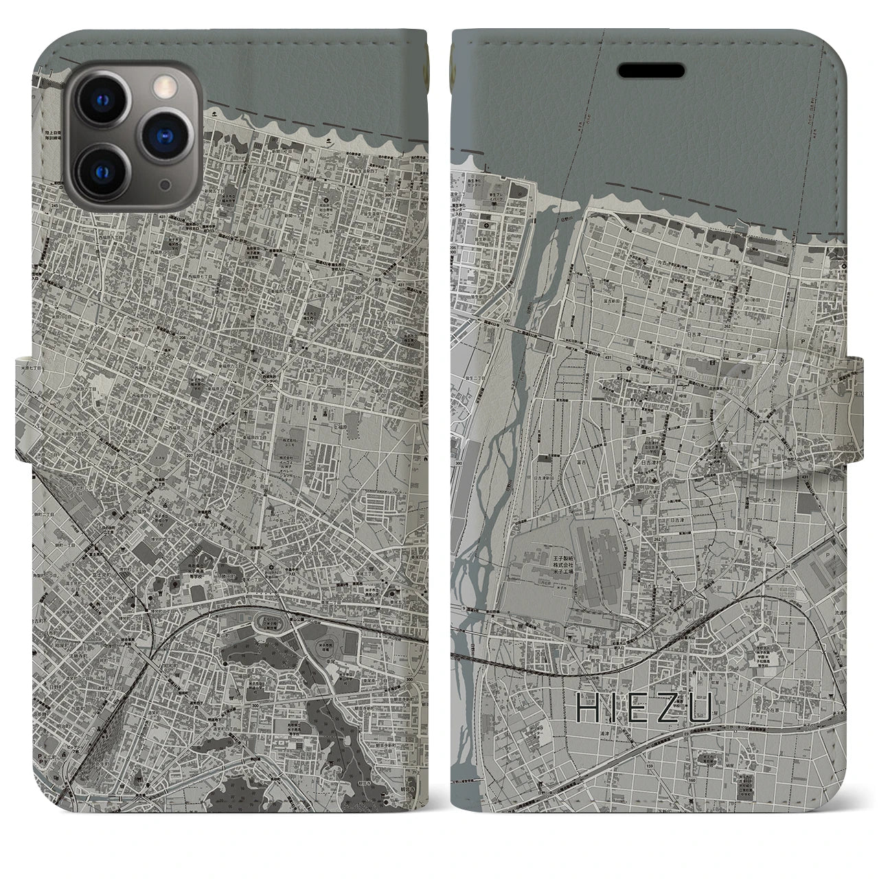 【日吉津(鳥取県)】地図柄iPhoneケース(手帳タイプ)モノトーン・iPhone 11 Pro Max 用