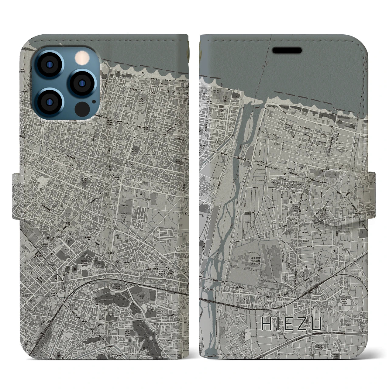 【日吉津(鳥取県)】地図柄iPhoneケース(手帳タイプ)モノトーン・iPhone 12 / 12 Pro 用