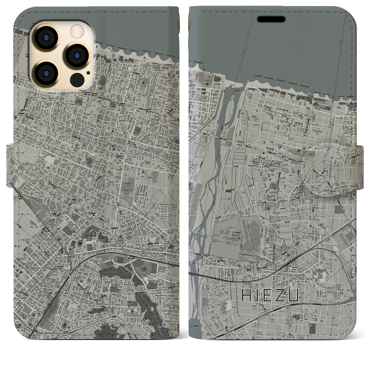 【日吉津(鳥取県)】地図柄iPhoneケース(手帳タイプ)モノトーン・iPhone 12 Pro Max 用
