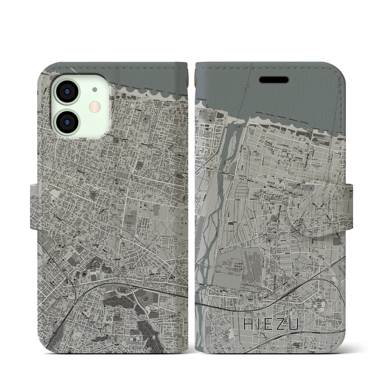 【日吉津(鳥取県)】地図柄iPhoneケース(手帳タイプ)モノトーン・iPhone 12 mini 用