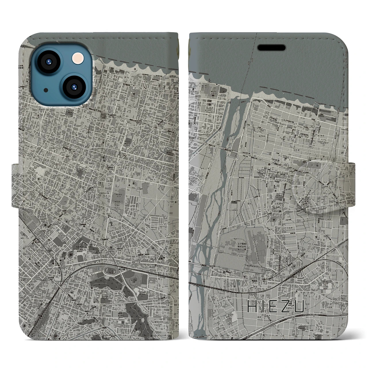 【日吉津(鳥取県)】地図柄iPhoneケース(手帳タイプ)モノトーン・iPhone 13 用