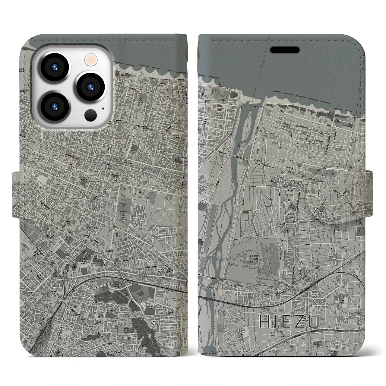 【日吉津(鳥取県)】地図柄iPhoneケース(手帳タイプ)モノトーン・iPhone 13 Pro 用