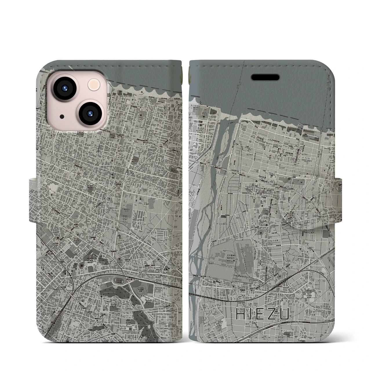 【日吉津(鳥取県)】地図柄iPhoneケース(手帳タイプ)モノトーン・iPhone 13 mini 用