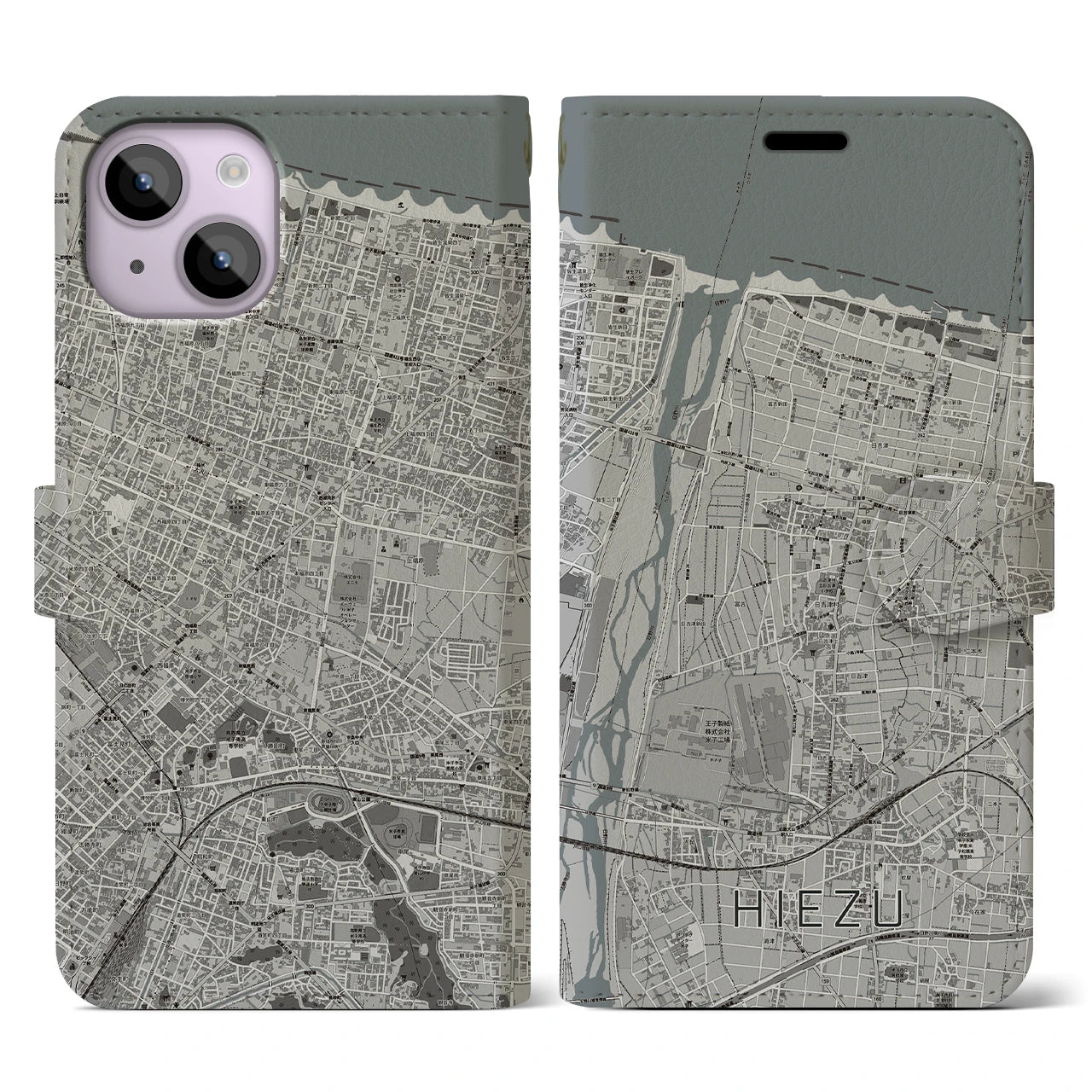 【日吉津(鳥取県)】地図柄iPhoneケース(手帳タイプ)モノトーン・iPhone 14 用