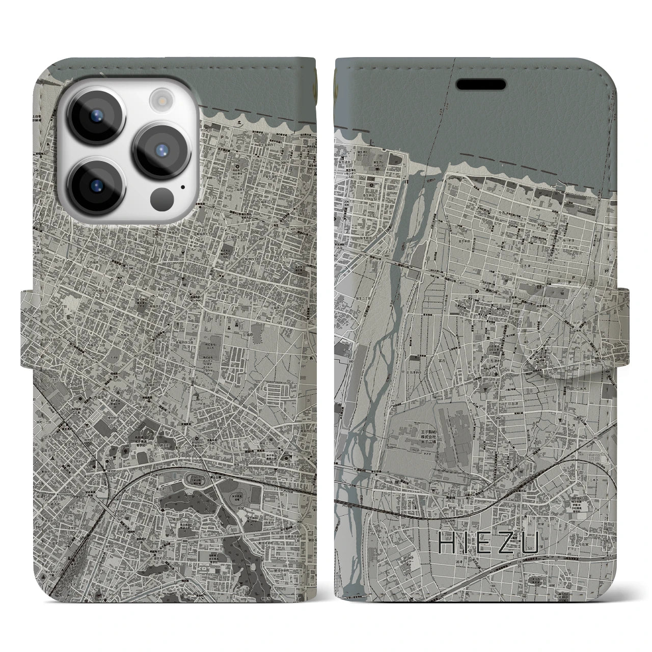 【日吉津(鳥取県)】地図柄iPhoneケース(手帳タイプ)モノトーン・iPhone 14 Pro 用