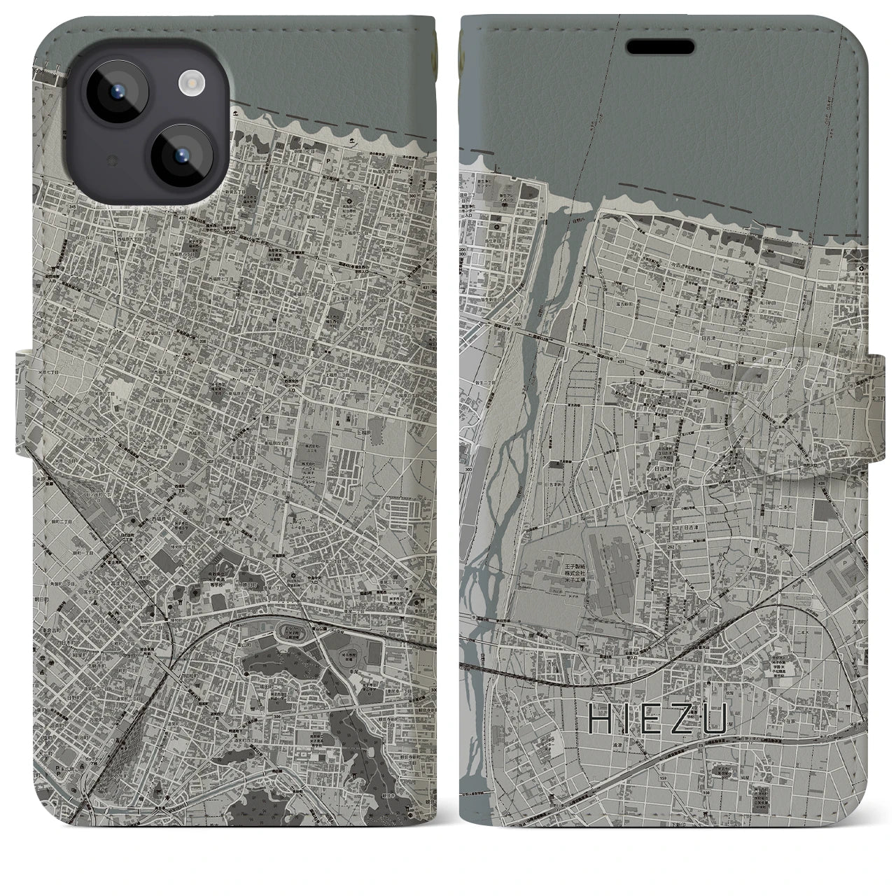 【日吉津(鳥取県)】地図柄iPhoneケース(手帳タイプ)モノトーン・iPhone 14 Plus 用