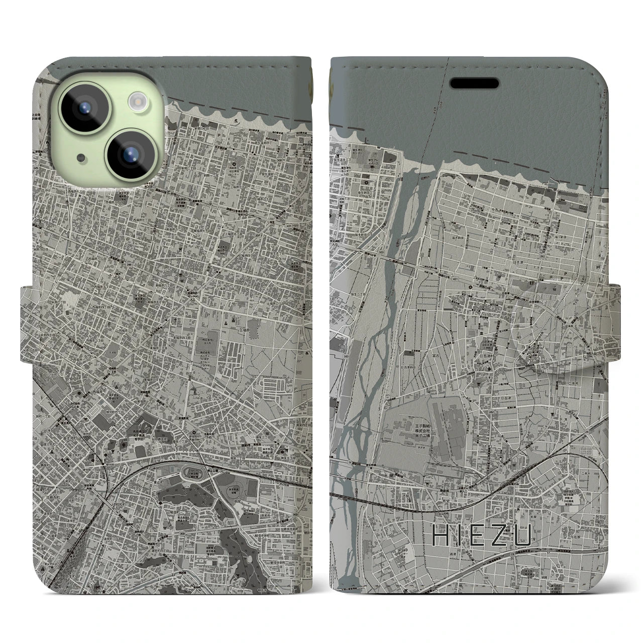 【日吉津(鳥取県)】地図柄iPhoneケース(手帳タイプ)モノトーン・iPhone 15 用