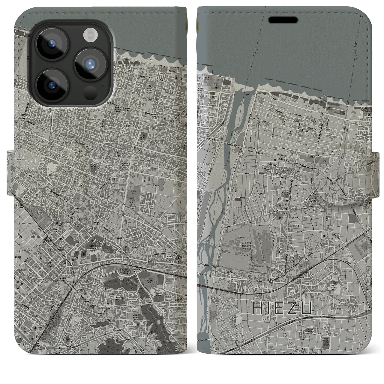 【日吉津(鳥取県)】地図柄iPhoneケース(手帳タイプ)モノトーン・iPhone 15 Pro Max 用