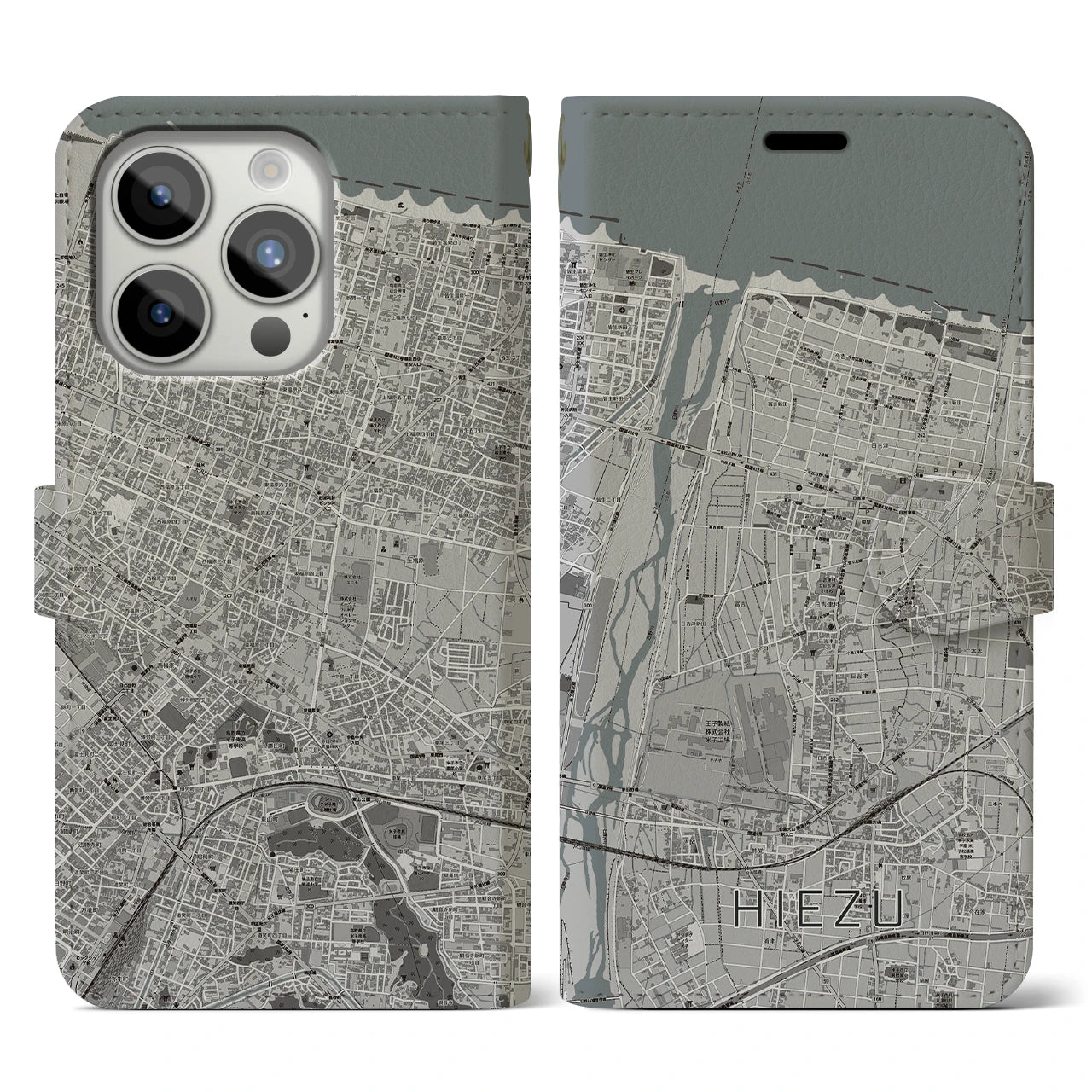 【日吉津(鳥取県)】地図柄iPhoneケース(手帳タイプ)モノトーン・iPhone 15 Pro 用
