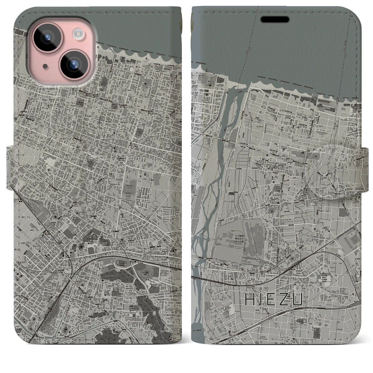 【日吉津(鳥取県)】地図柄iPhoneケース(手帳タイプ)モノトーン・iPhone 15 Plus 用