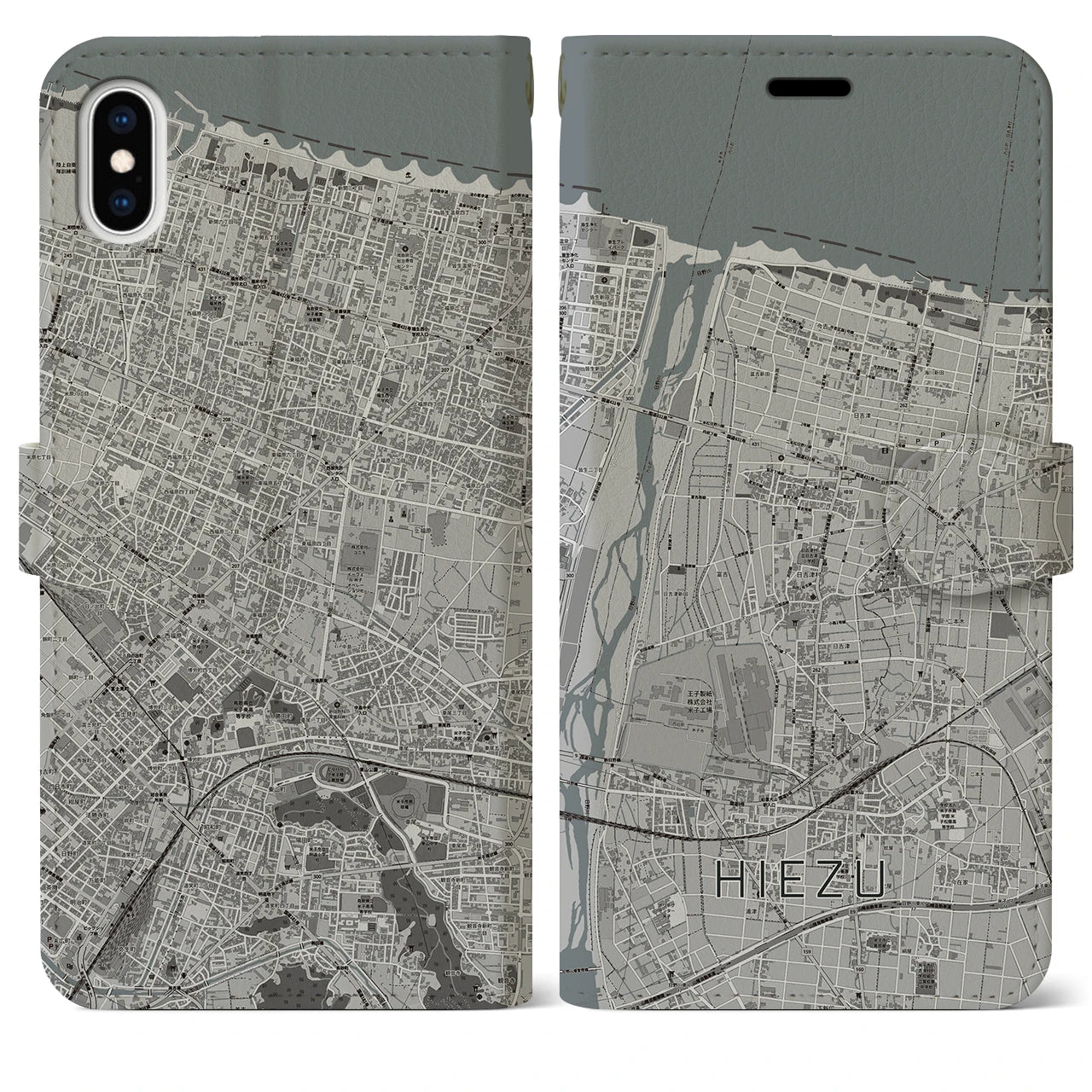 【日吉津(鳥取県)】地図柄iPhoneケース(手帳タイプ)モノトーン・iPhone XS Max 用
