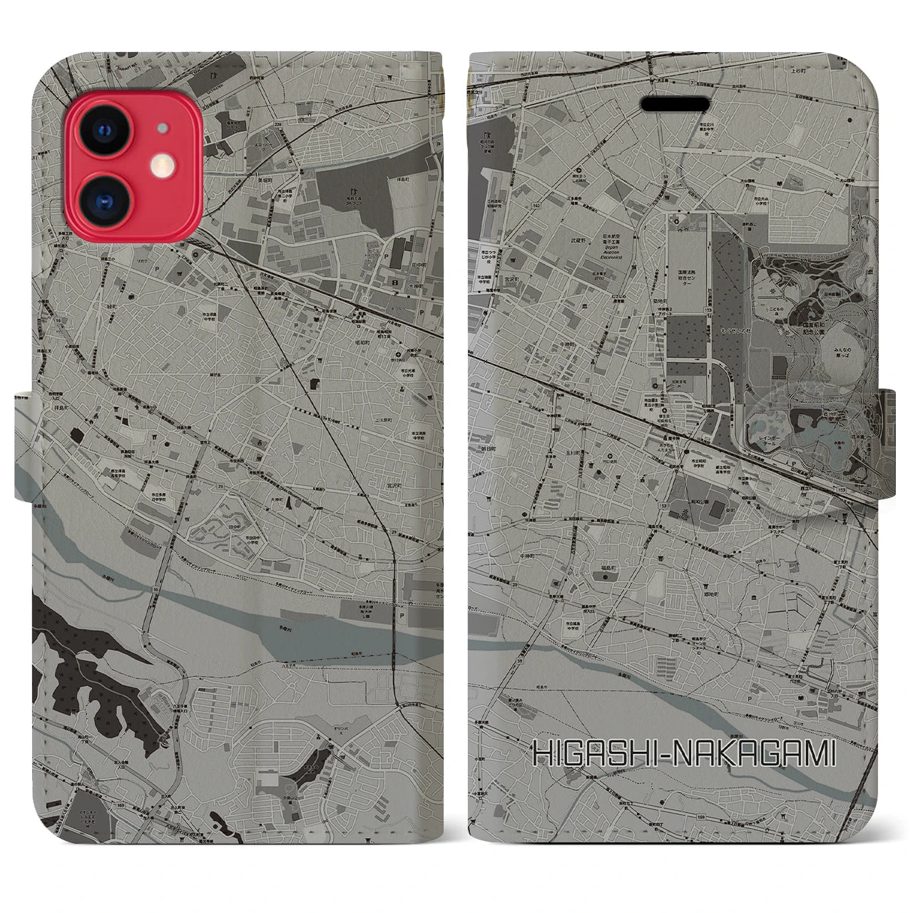【東中神(東京都)】地図柄iPhoneケース(手帳タイプ)モノトーン・iPhone 11 用