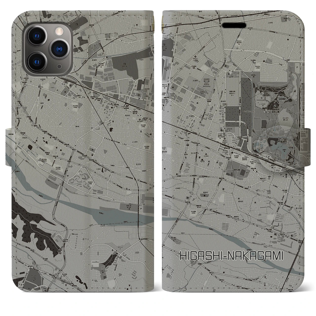 【東中神(東京都)】地図柄iPhoneケース(手帳タイプ)モノトーン・iPhone 11 Pro Max 用