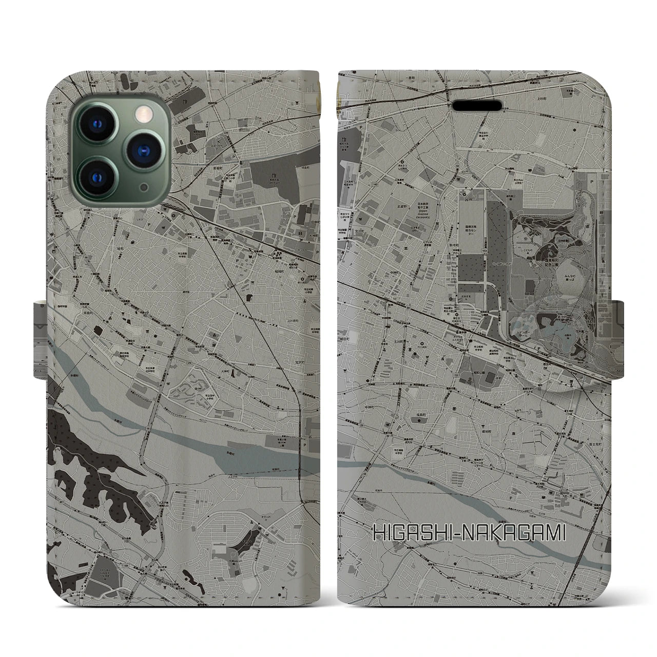 【東中神(東京都)】地図柄iPhoneケース(手帳タイプ)モノトーン・iPhone 11 Pro 用
