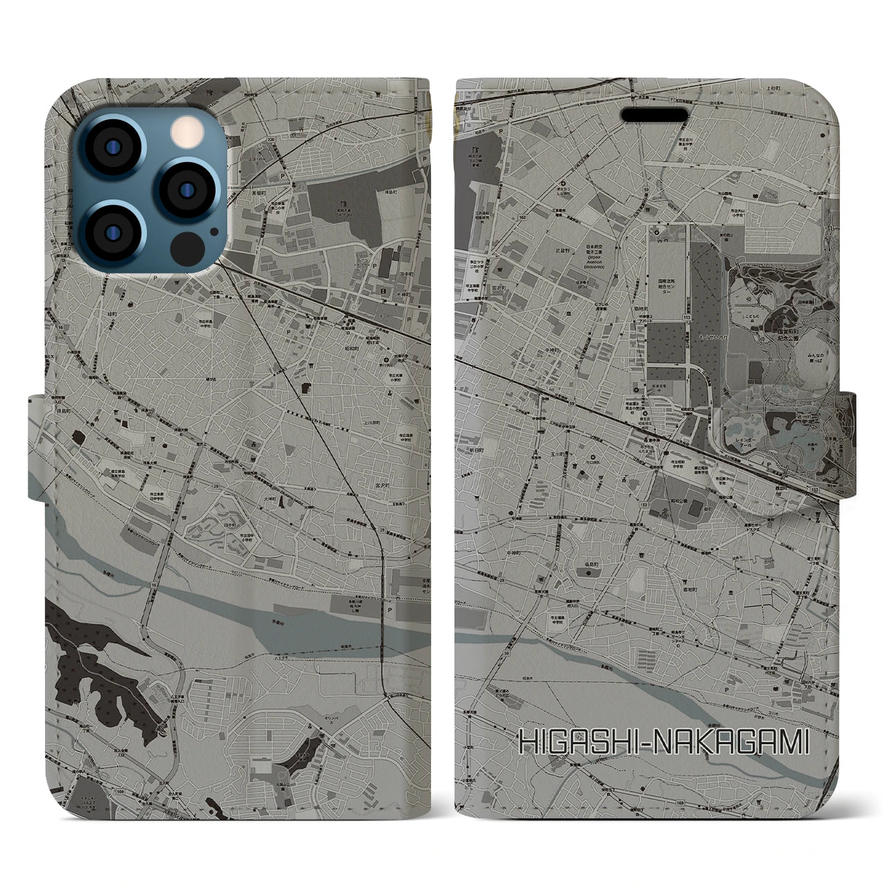【東中神(東京都)】地図柄iPhoneケース(手帳タイプ)モノトーン・iPhone 12 / 12 Pro 用