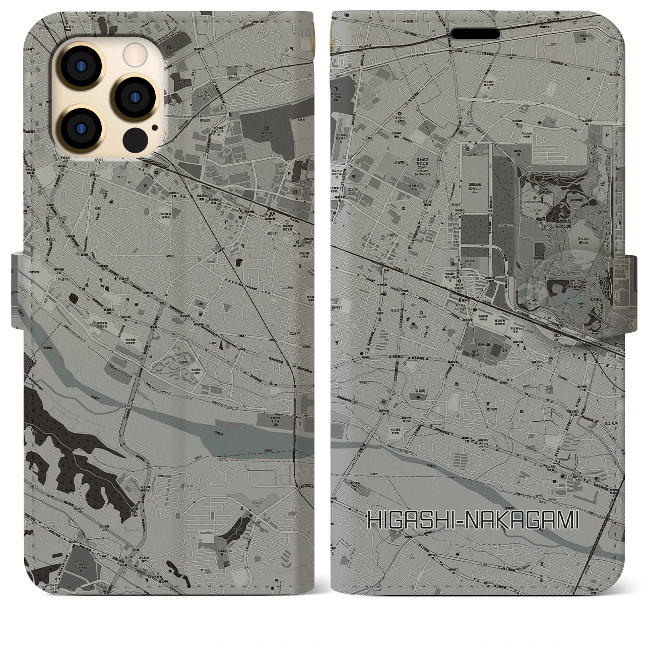 【東中神(東京都)】地図柄iPhoneケース(手帳タイプ)モノトーン・iPhone 12 Pro Max 用