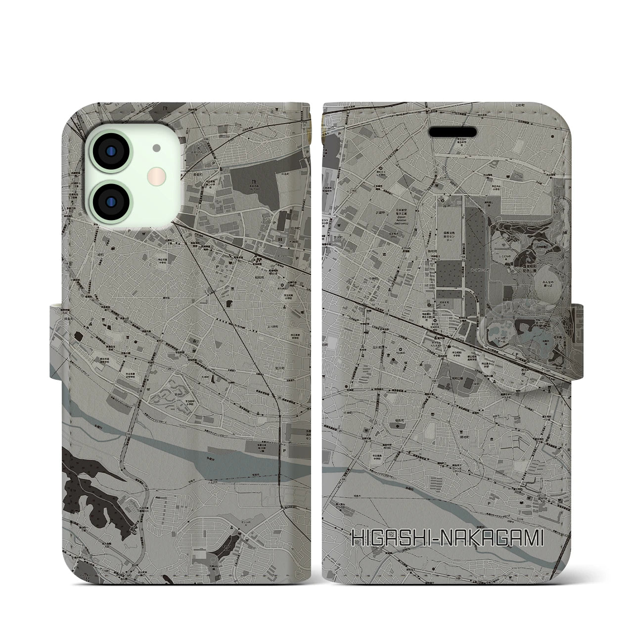 【東中神(東京都)】地図柄iPhoneケース(手帳タイプ)モノトーン・iPhone 12 mini 用