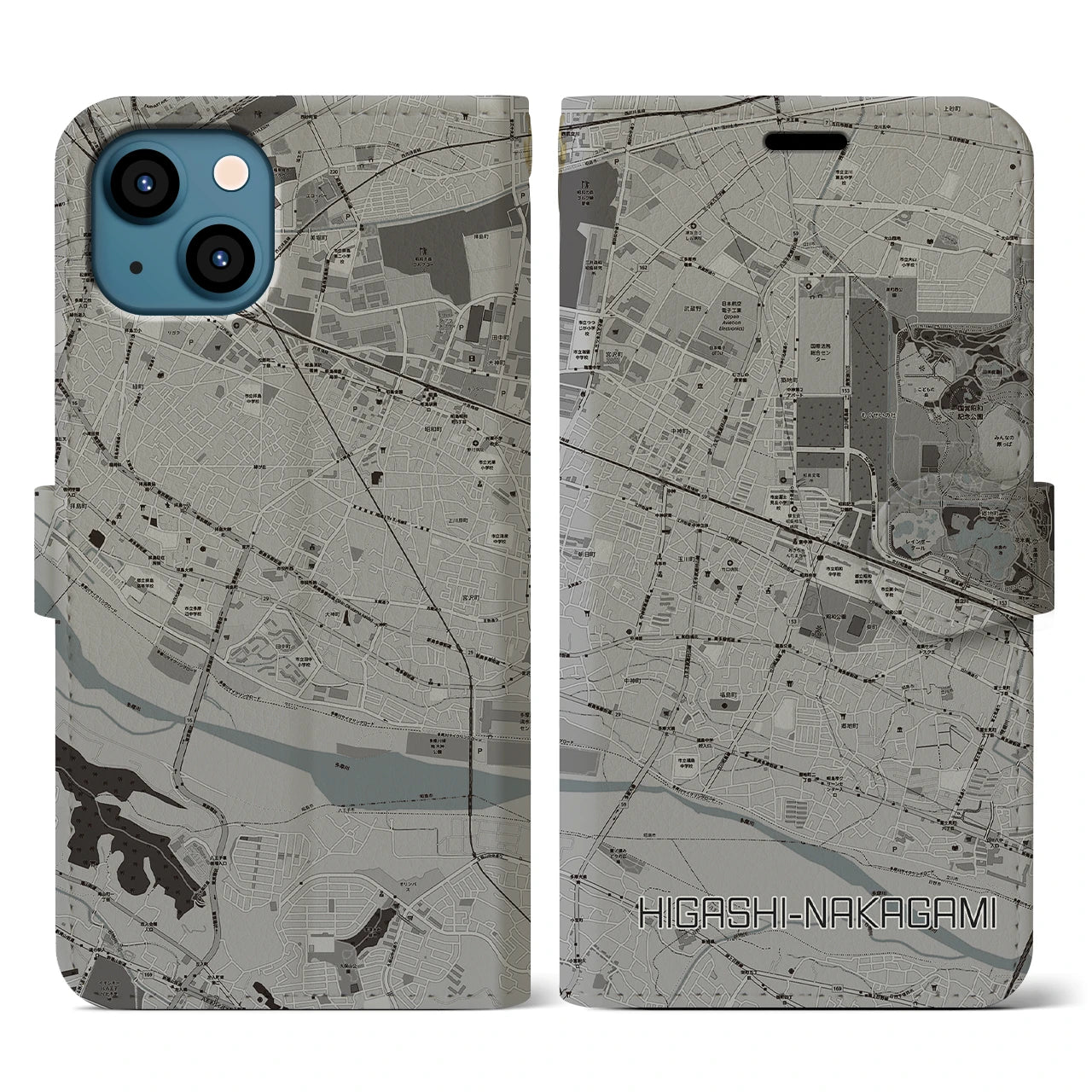 【東中神(東京都)】地図柄iPhoneケース(手帳タイプ)モノトーン・iPhone 13 用