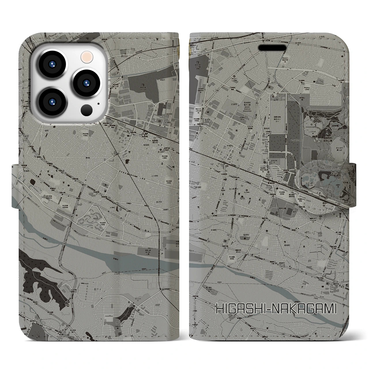 【東中神(東京都)】地図柄iPhoneケース(手帳タイプ)モノトーン・iPhone 13 Pro 用