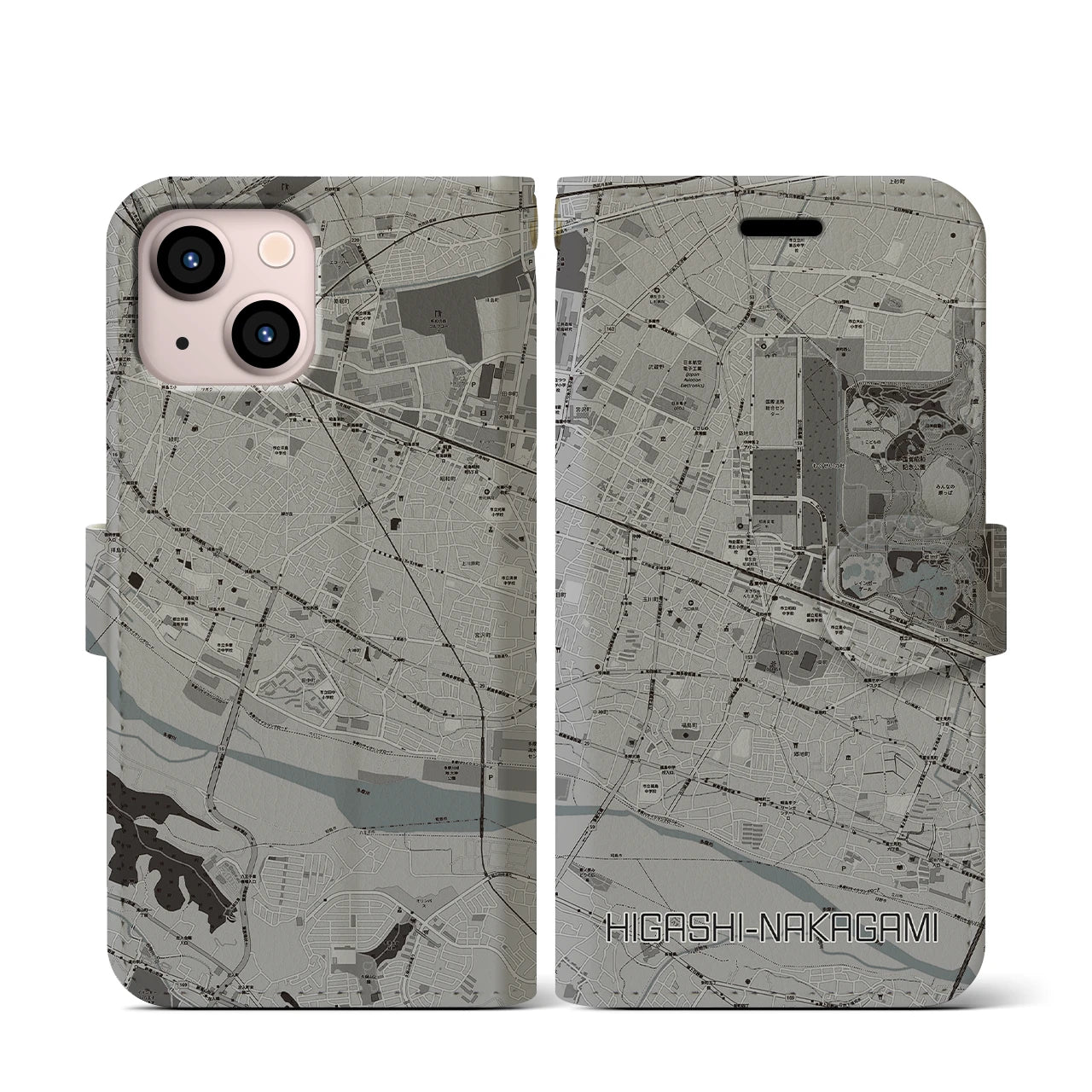 【東中神(東京都)】地図柄iPhoneケース(手帳タイプ)モノトーン・iPhone 13 mini 用